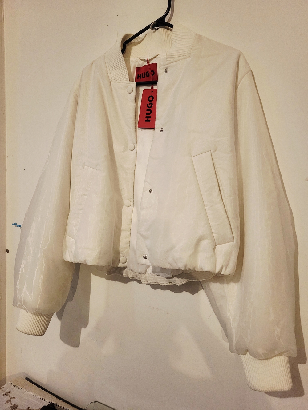 HUGO White, Sheer Layered, Cropped Bomber Jacket